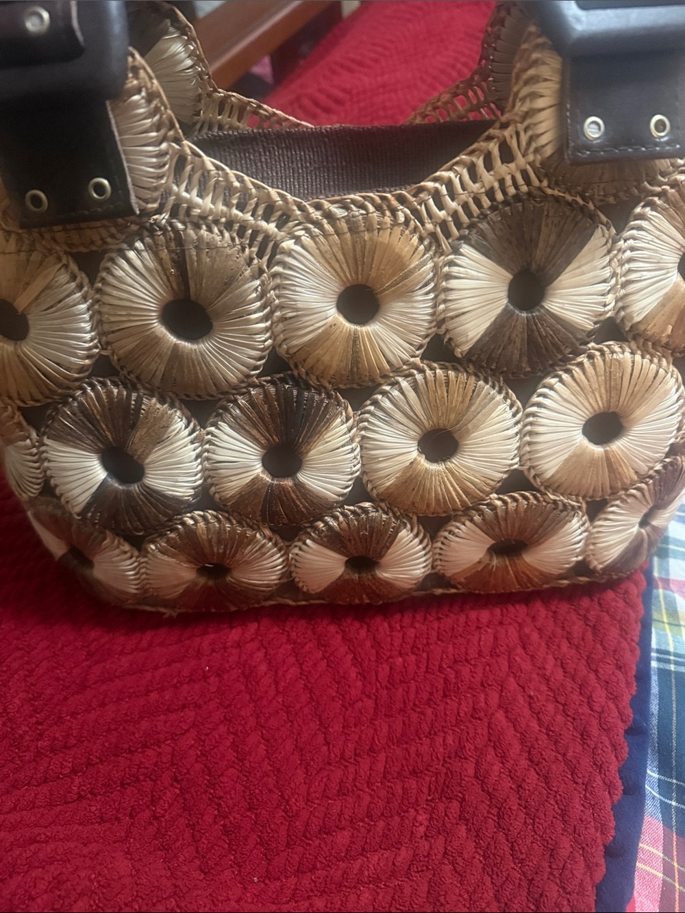 Woven Straw Tote Bag with Dark Brown Leather Straps - Picture 2 of 8